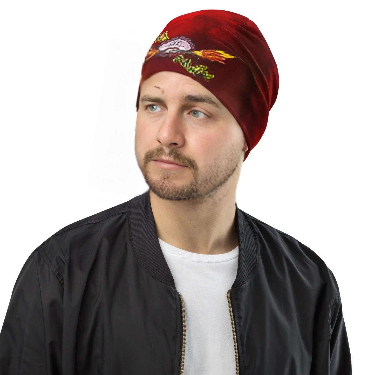 Man with Red Beanie with logo mad max on front