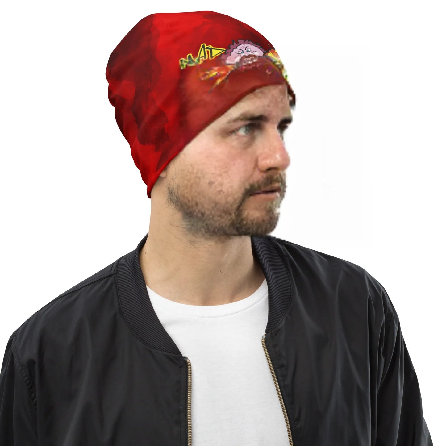Man with Red Beanie with logo mad max on front