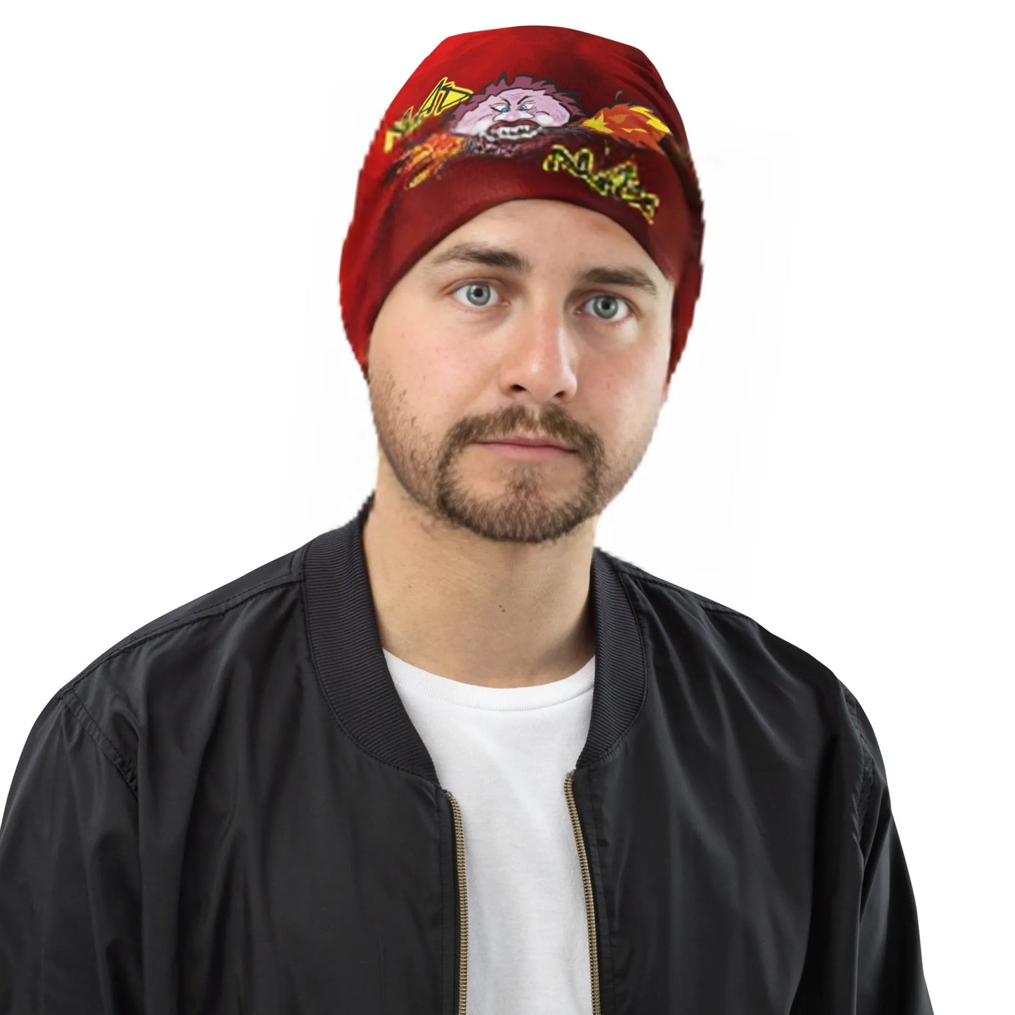 Man with Red Beanie with logo mad max on front