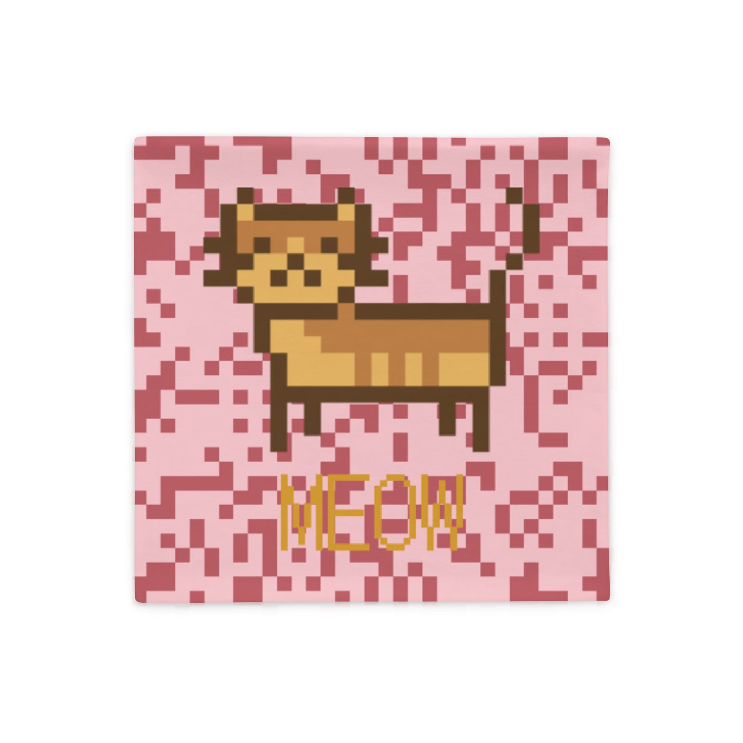 Pink pillow case with a pixel photo of a cat and the text MEOW