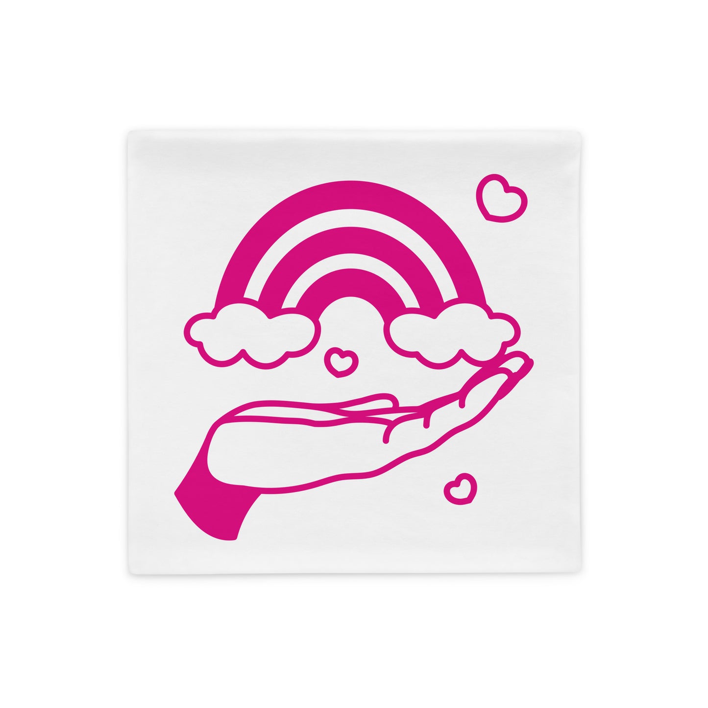 With pillow case with picture of rainbow and hand in pink