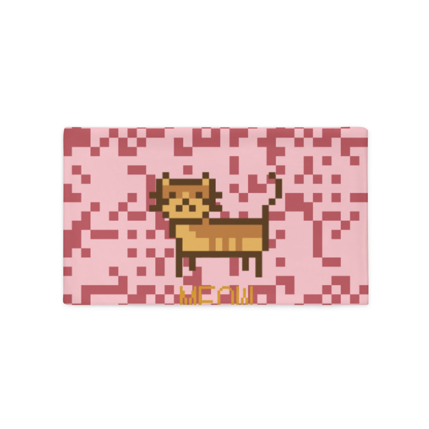 Pink pillow case with a pixel photo of a cat and the text MEOW