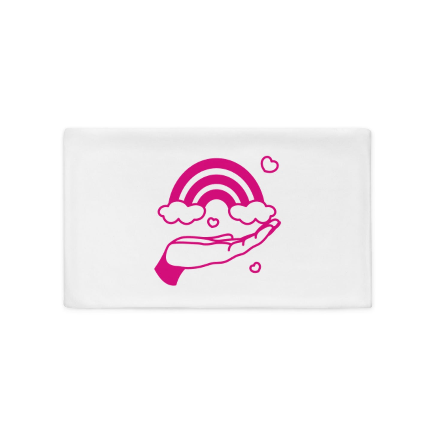 With pillow case with picture of rainbow and hand in pink