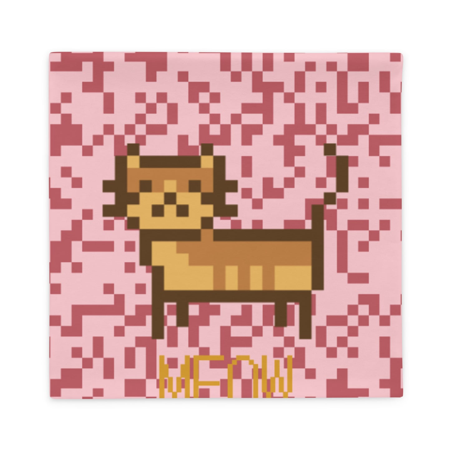 Pink pillow case with a pixel photo of a cat and the text MEOW