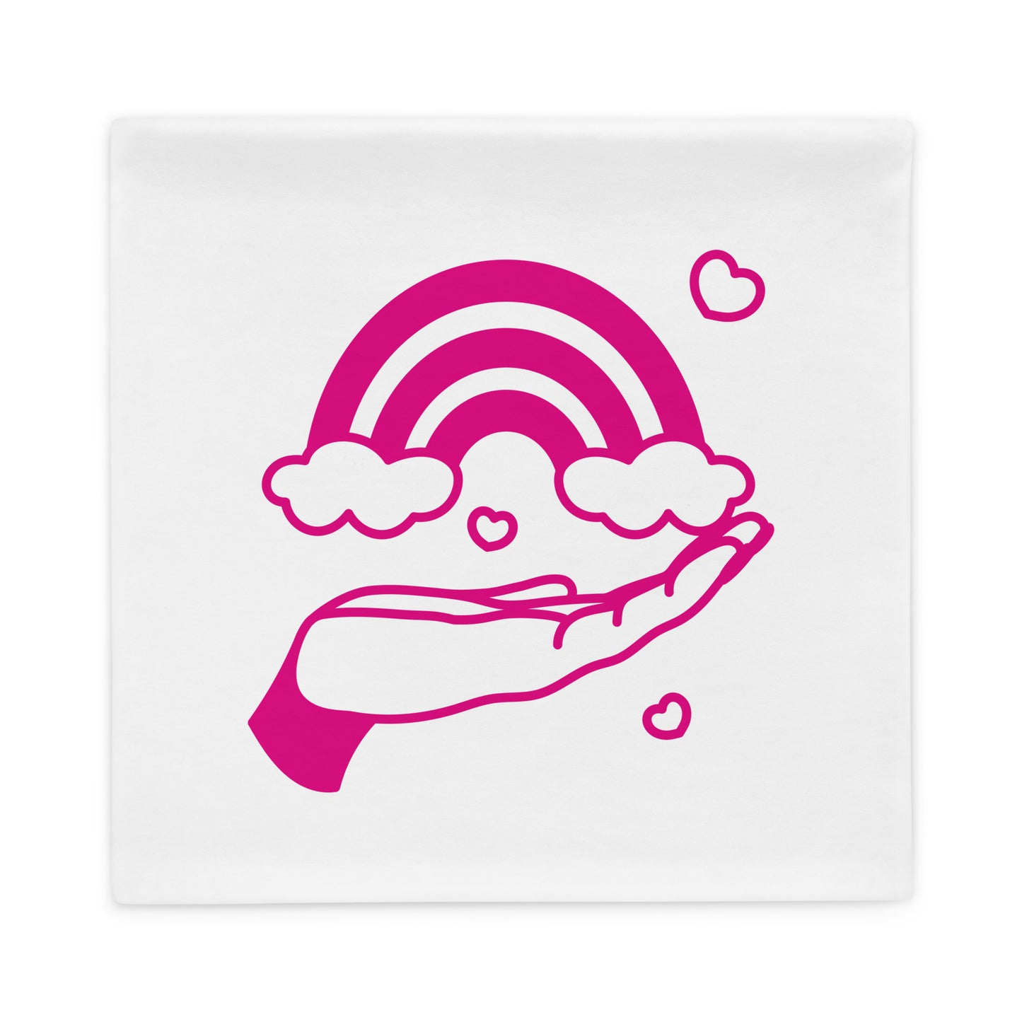 With pillow case with picture of rainbow and hand in pink