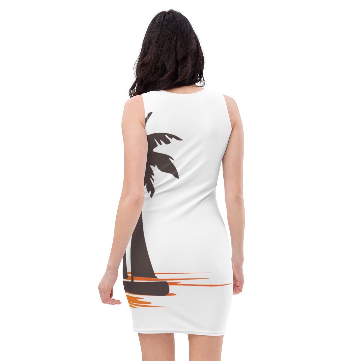 Woman with a white dress with a picture of sunset, palm trees and a sailboat