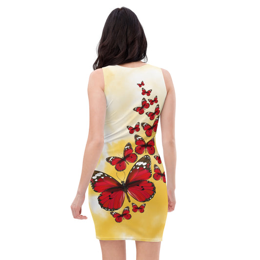 Woman with Yellow/White dress in front and on the back red butterflies