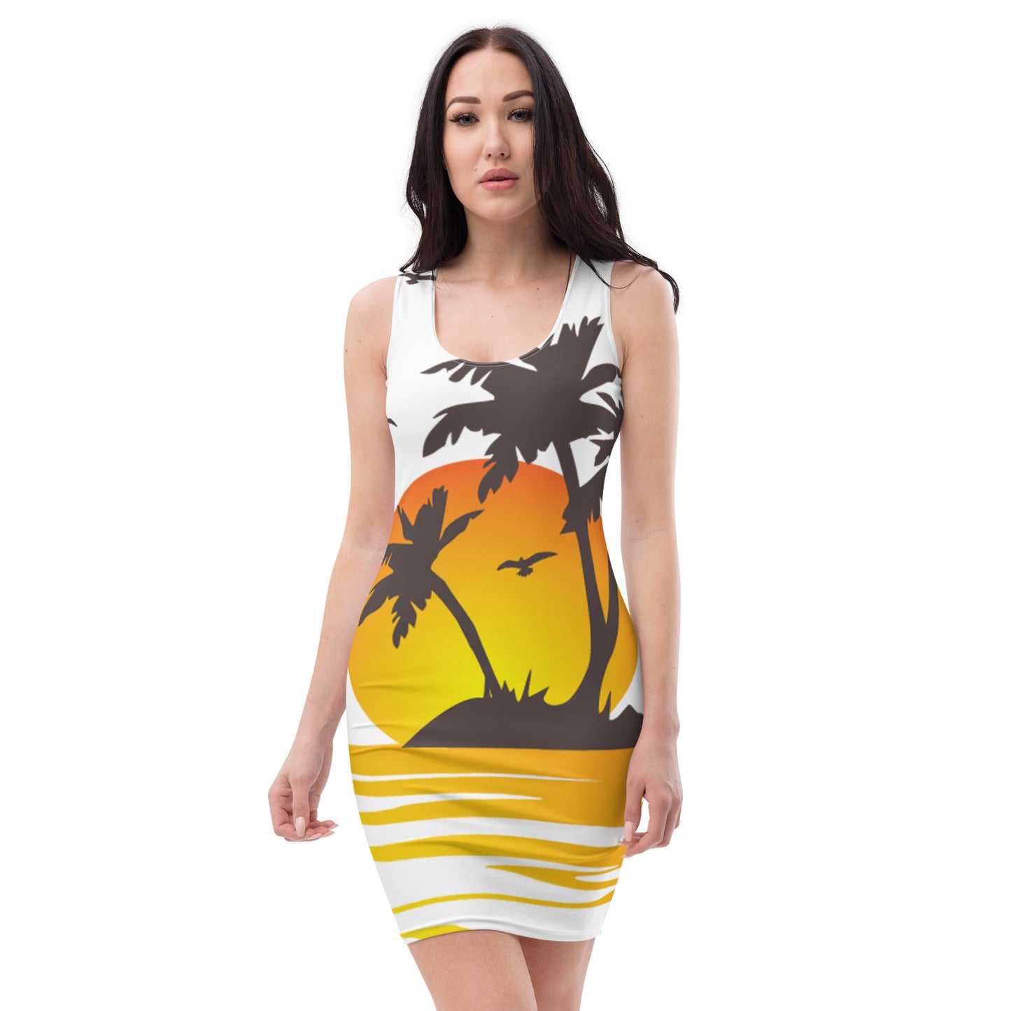 Woman with a white dress with a picture of sunset, palm trees and a sailboat