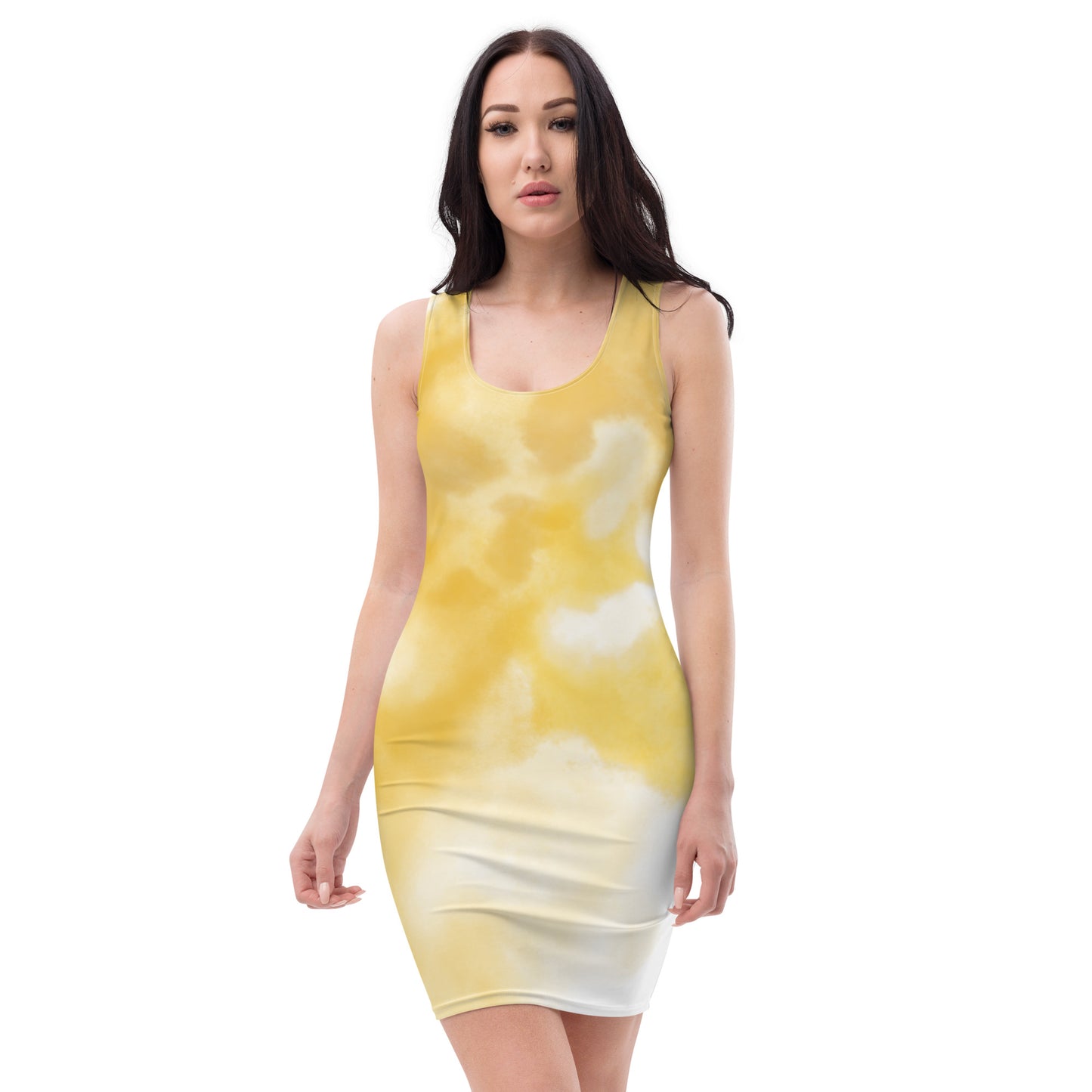 Woman with Yellow/White dress in front and on the back red butterflies