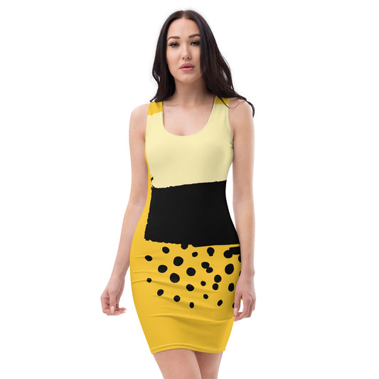 Woman with Yellow bodycon dress with black stripe