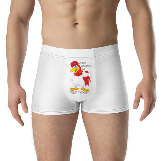 man with white boxer with picture of rooster and text "stop looking at my cock"