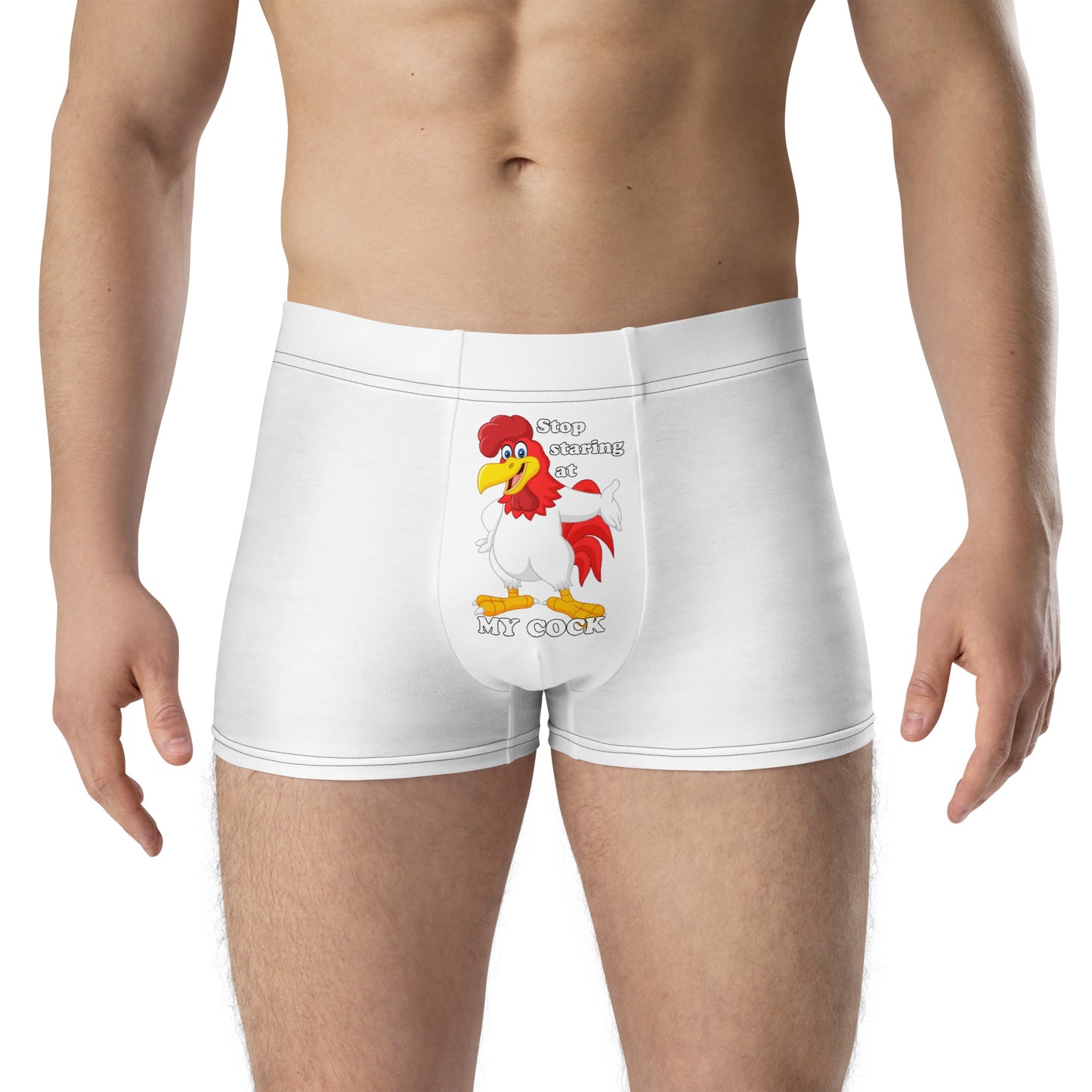 man with white boxer with picture of rooster and text "stop looking at my cock"