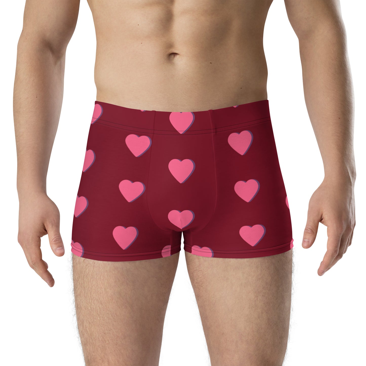 Men with red boxer and print of pink hearts