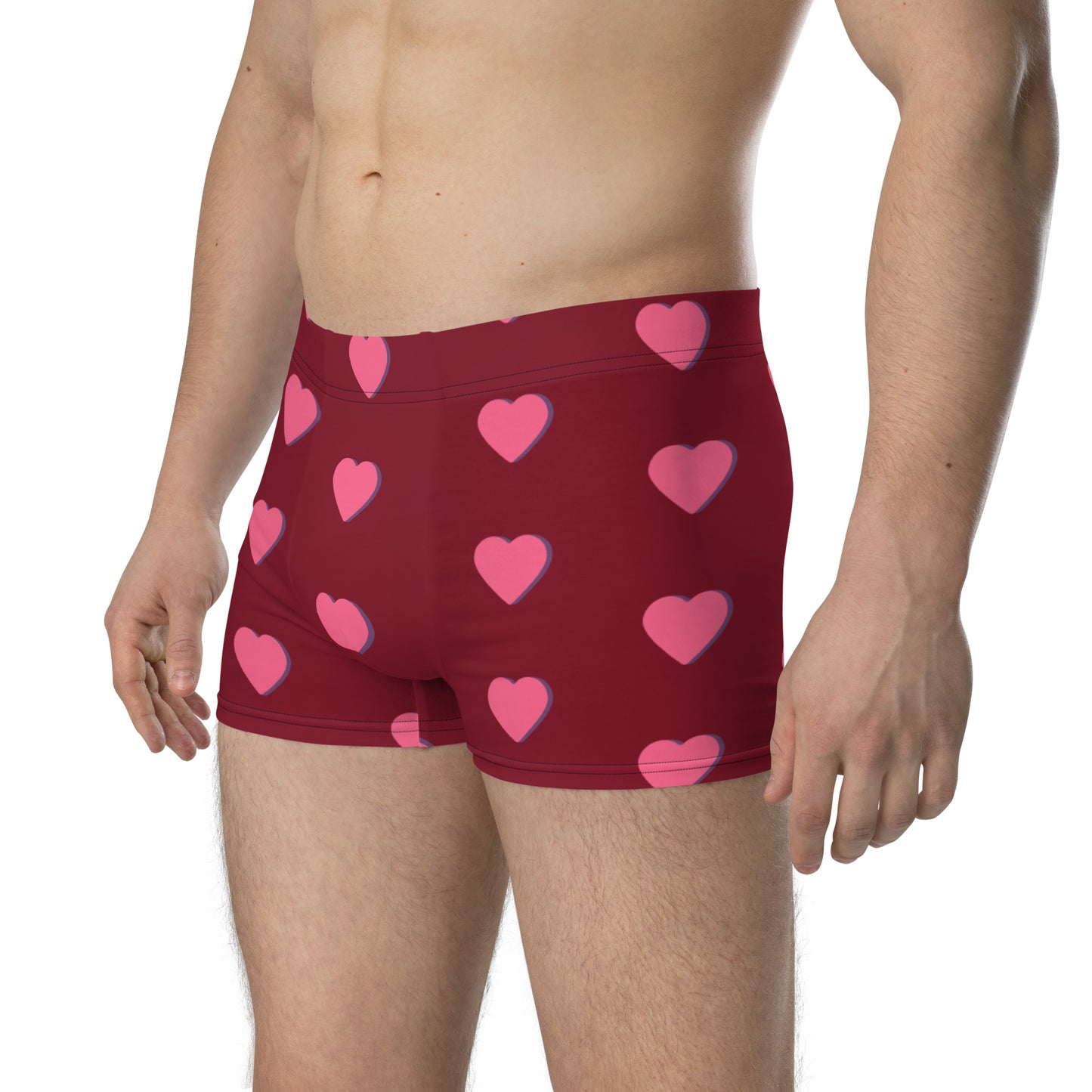Men with red boxer and print of pink hearts