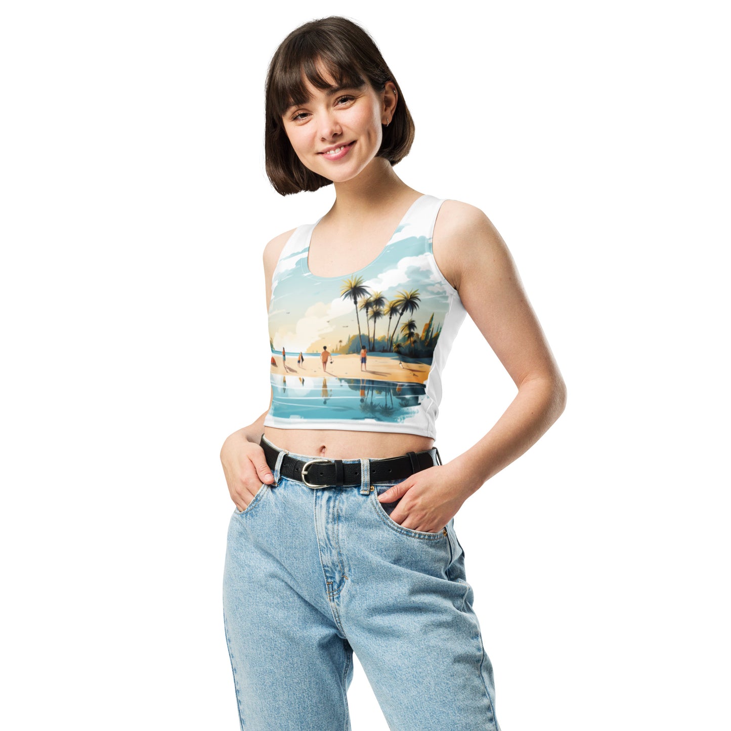 Women with white crop top and a picture of a island with sea and sand