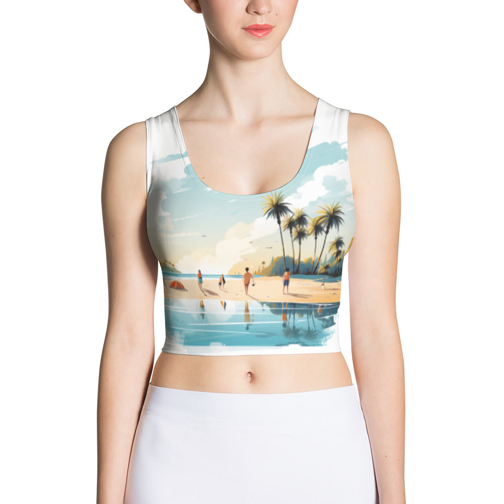 Women with white crop top and a picture of a island with sea and sand