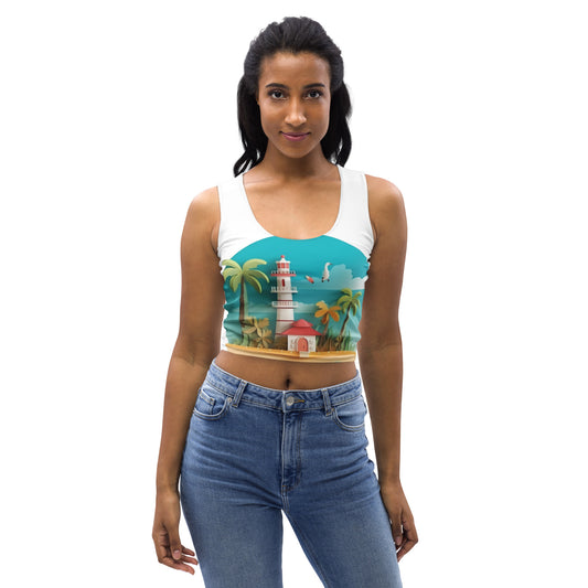Women with withe tank top with picture of lighthouse and palm trees