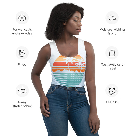 Women with white crop top and a print of a retro island