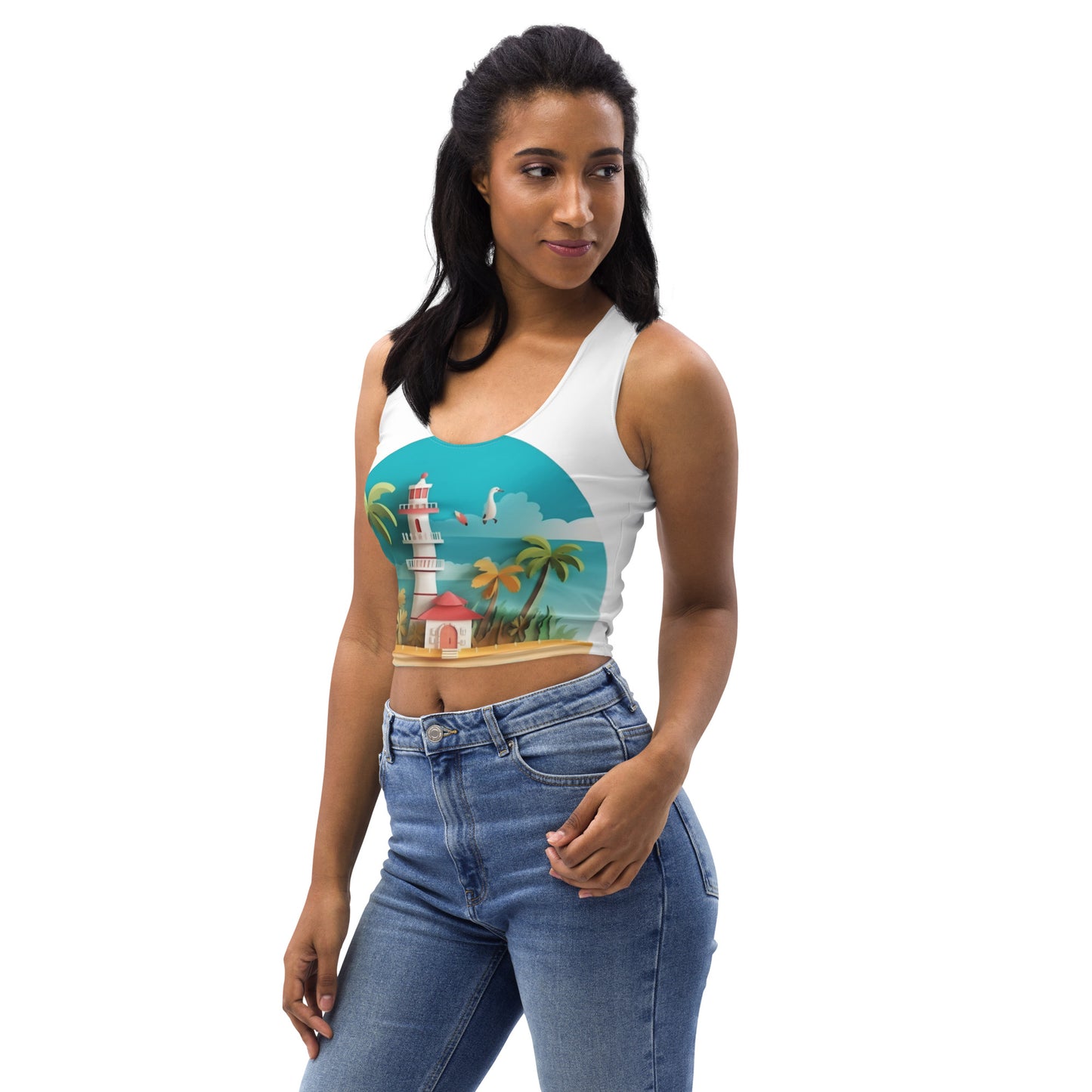 Women with withe tank top with picture of lighthouse and palm trees