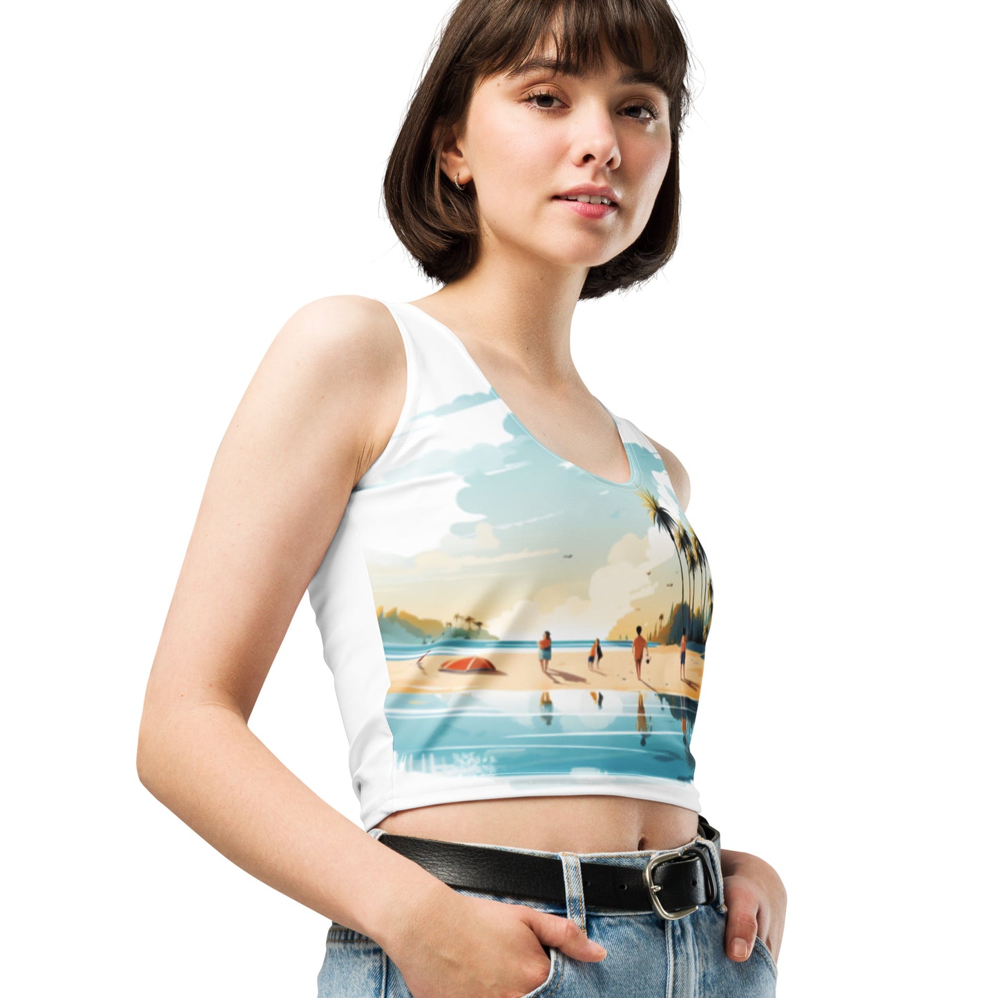 Women with white crop top and a picture of a island with sea and sand
