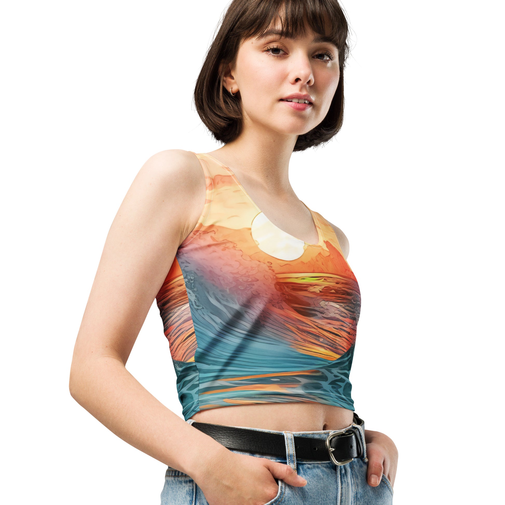 Women with tank top with picture of sunset 