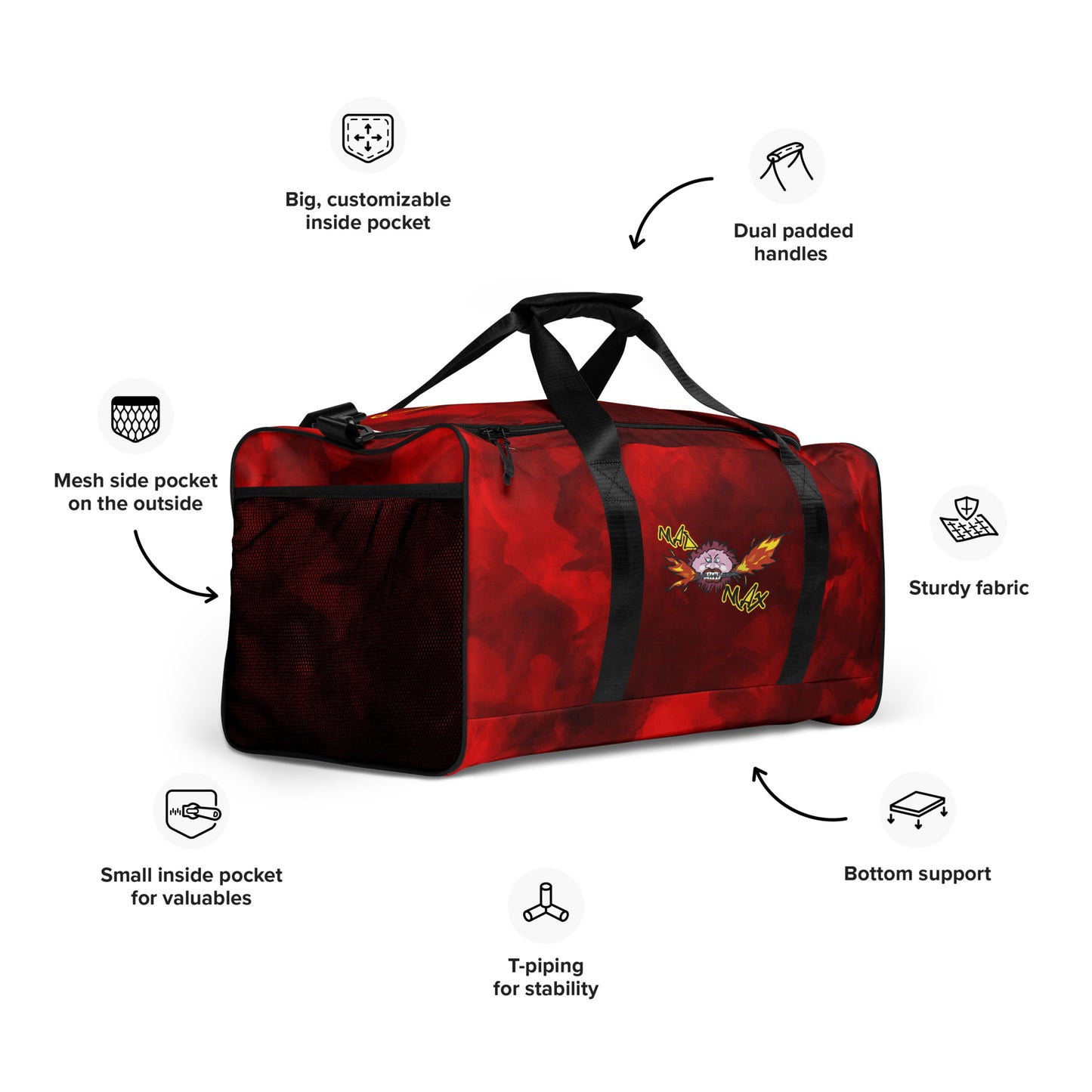 Red duffle bag with MAD MAX logo