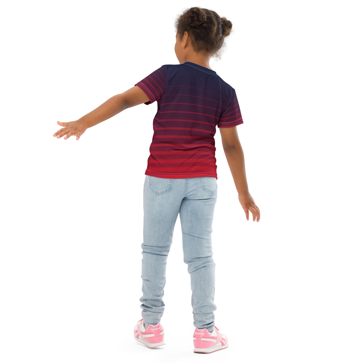 Kid with a all over print purple T-shirt with red stripes