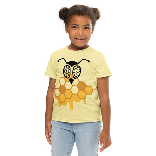 Toddler with a Yellow T-shirt with a print of a bee with honeycomb