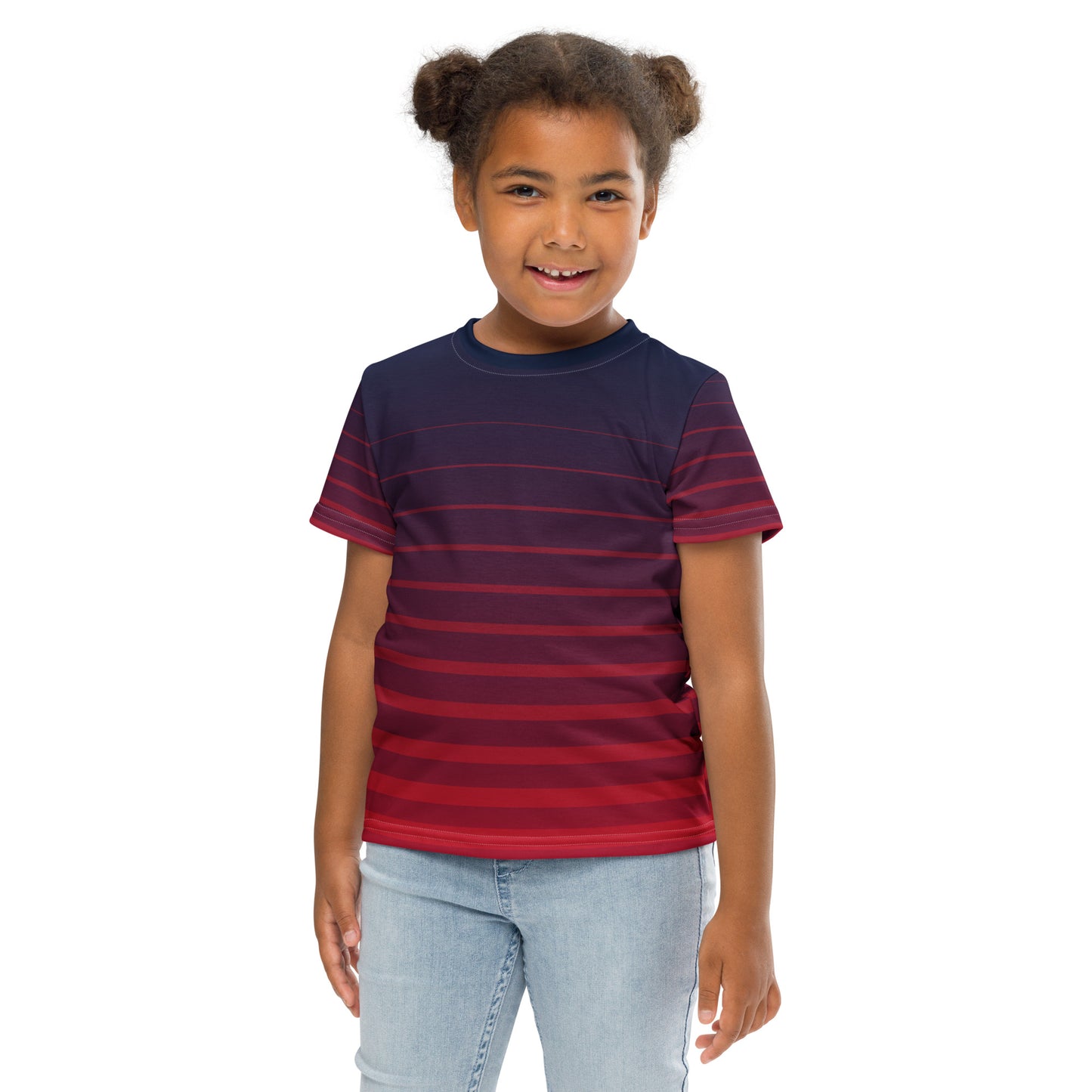 Kid with a all over print purple T-shirt with red stripes