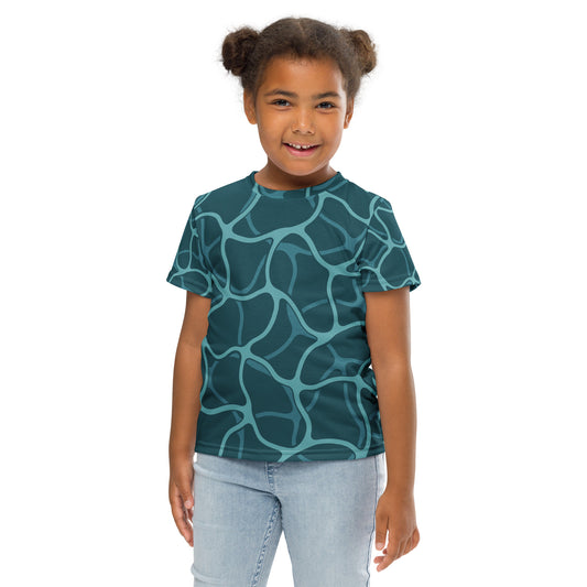 Kid with a apple blue sea green T-shirt with a water pattern