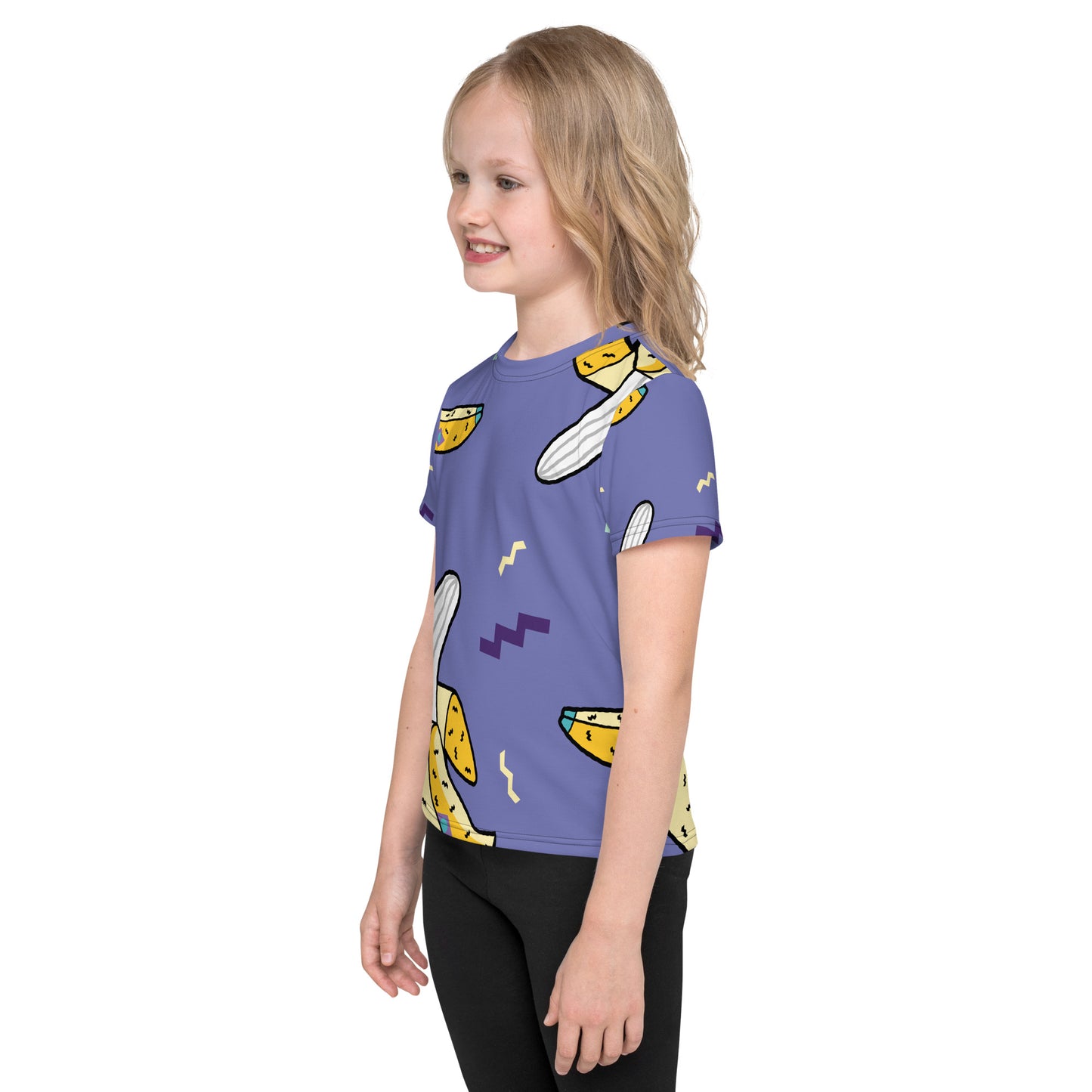 Kid with a purple T-shirt with bananas