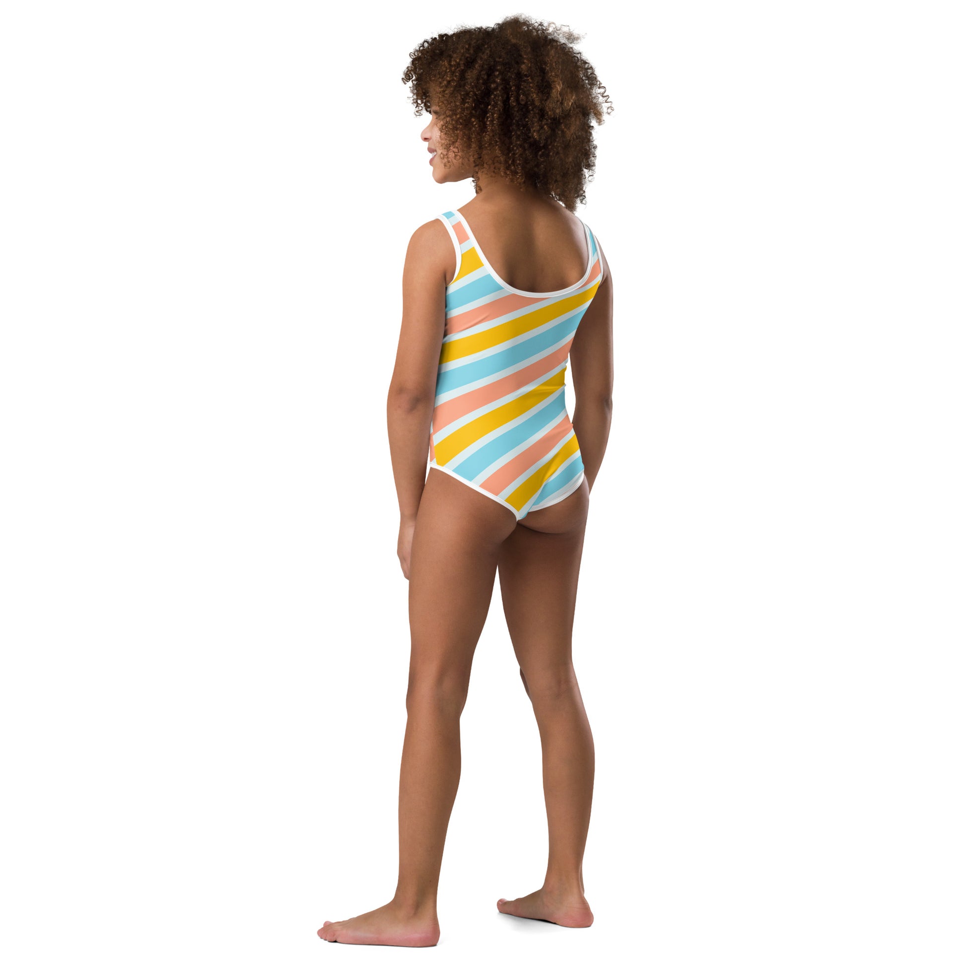 Kid with striped swimsuit in blue, orange and yellow