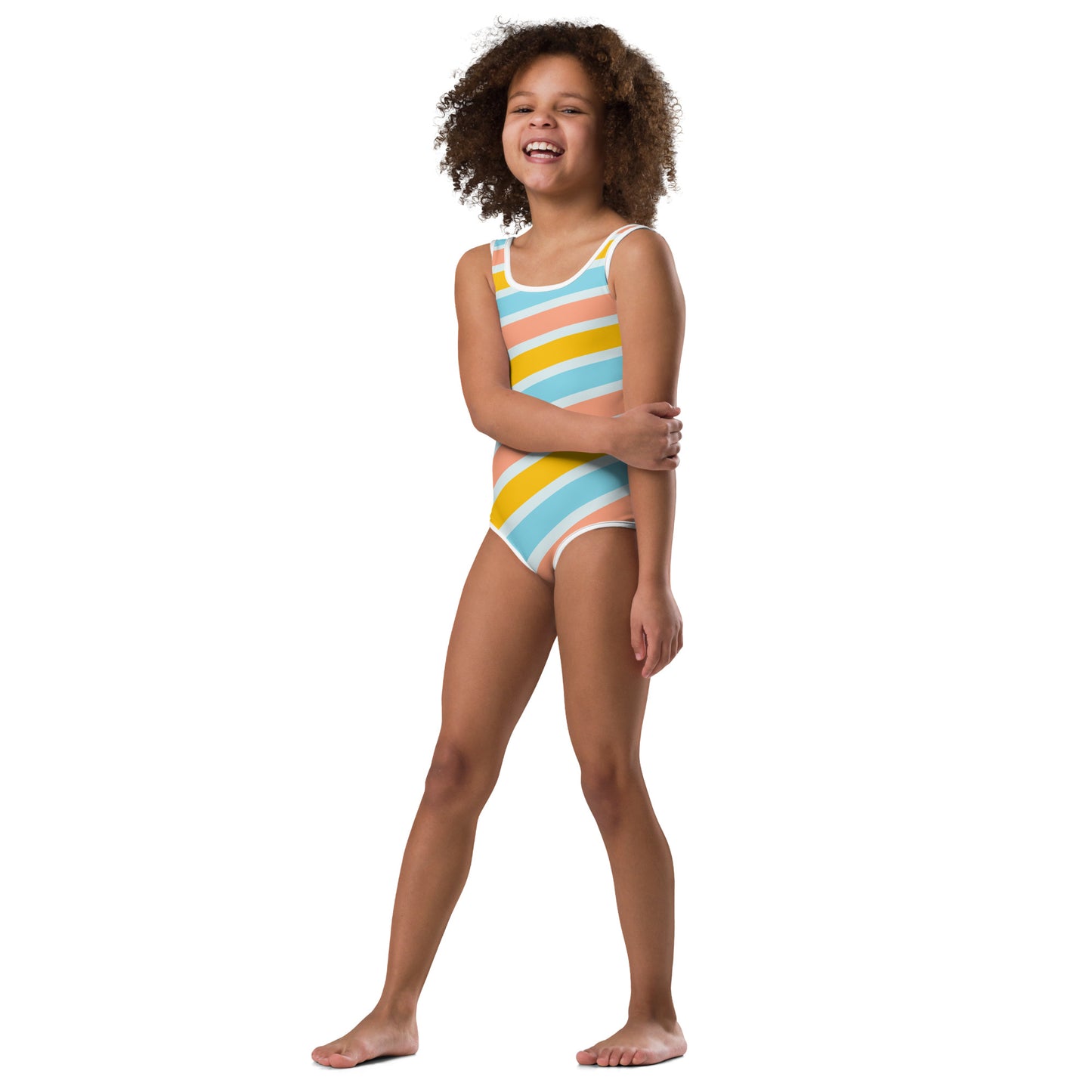 Kid with striped swimsuit in blue, orange and yellow
