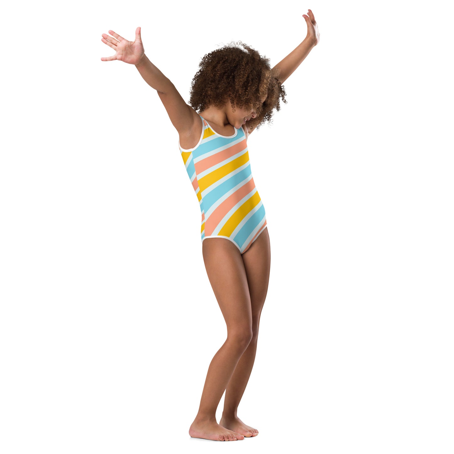 Kid with striped swimsuit in blue, orange and yellow