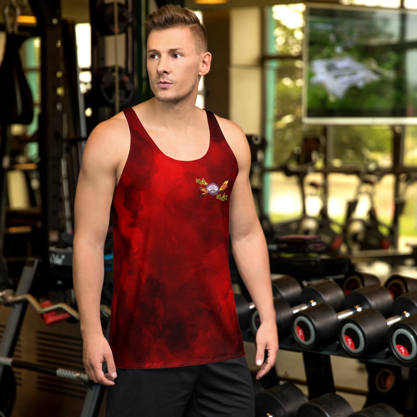 Men with red tank top with logo Mad Max on front