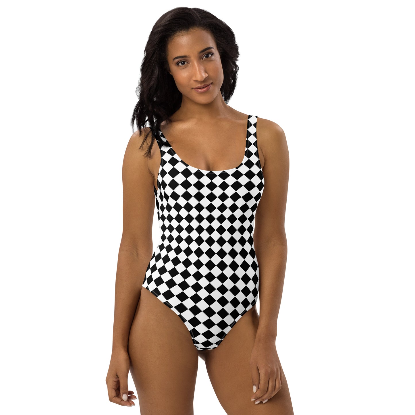 Woman with swimsuit with a print of a chessboard