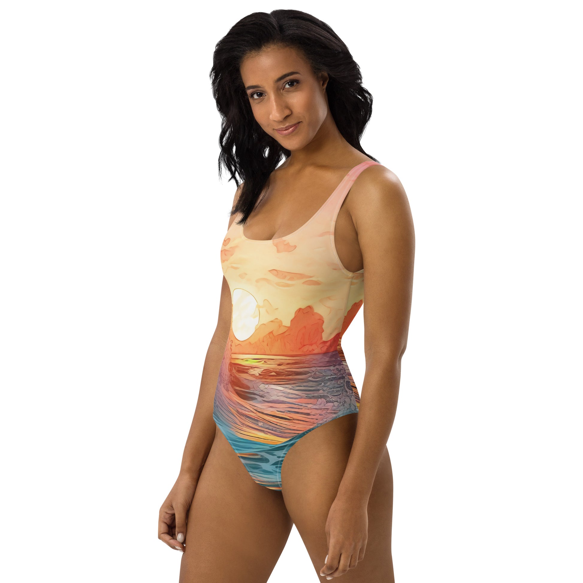 Women with swimsuit with picture of sunset 