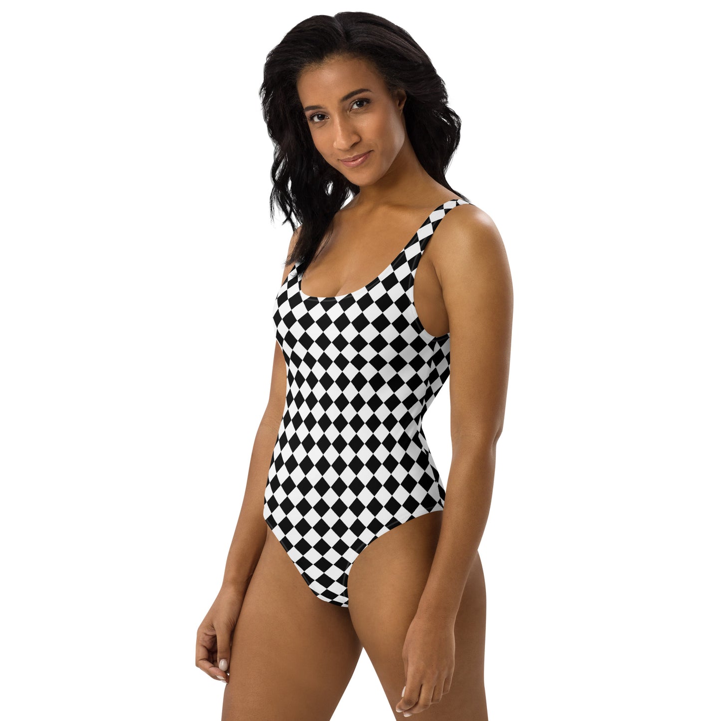 Woman with swimsuit with a print of a chessboard