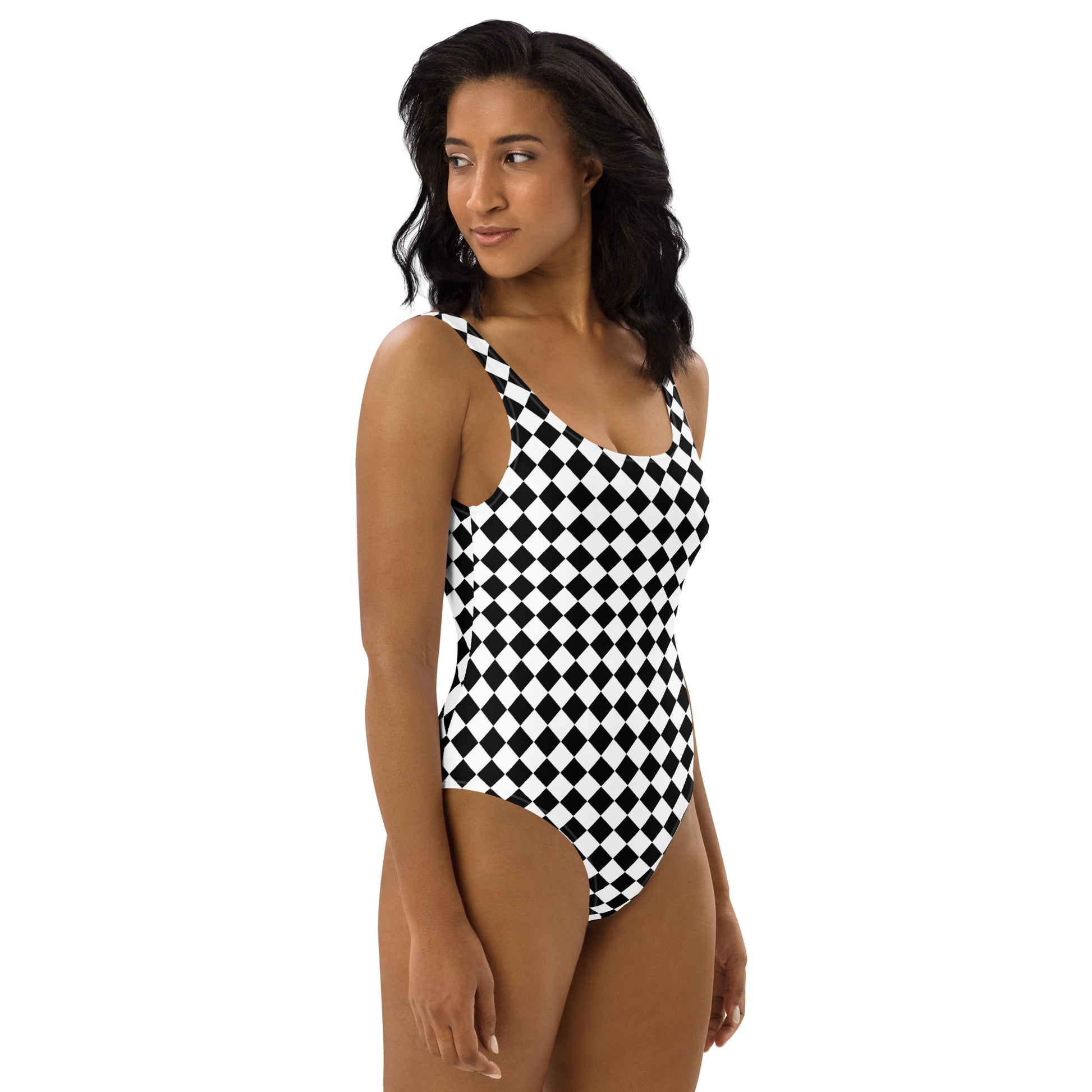 Woman with swimsuit with a print of a chessboard