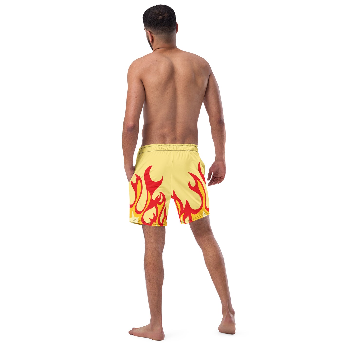 Men with yellow swim trunk with print of red flames