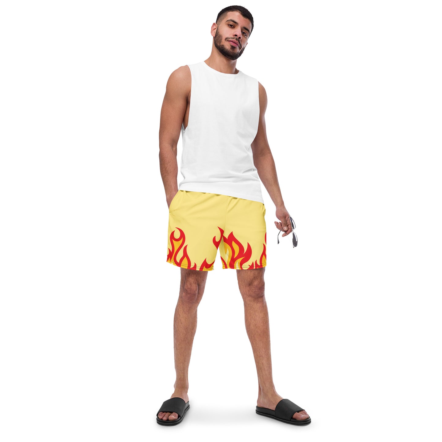Men with yellow swim trunk with print of red flames
