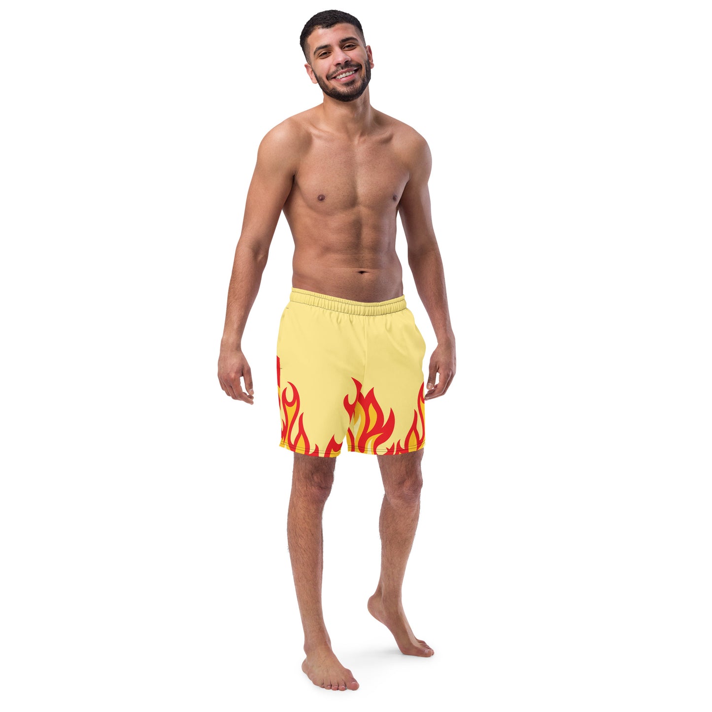 Men with yellow swim trunk with print of red flames