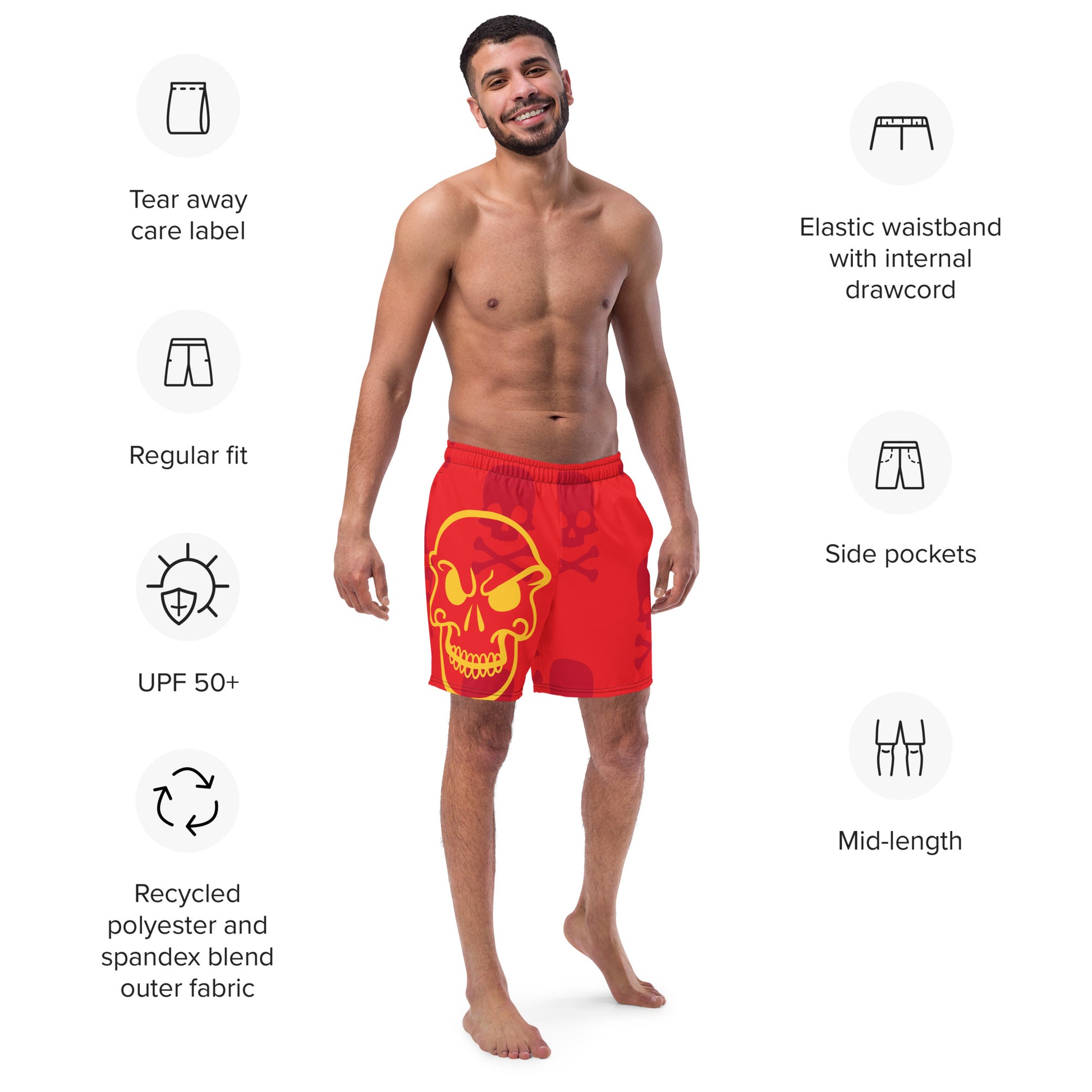 Men with red swim trunk with a print of a yellow skull