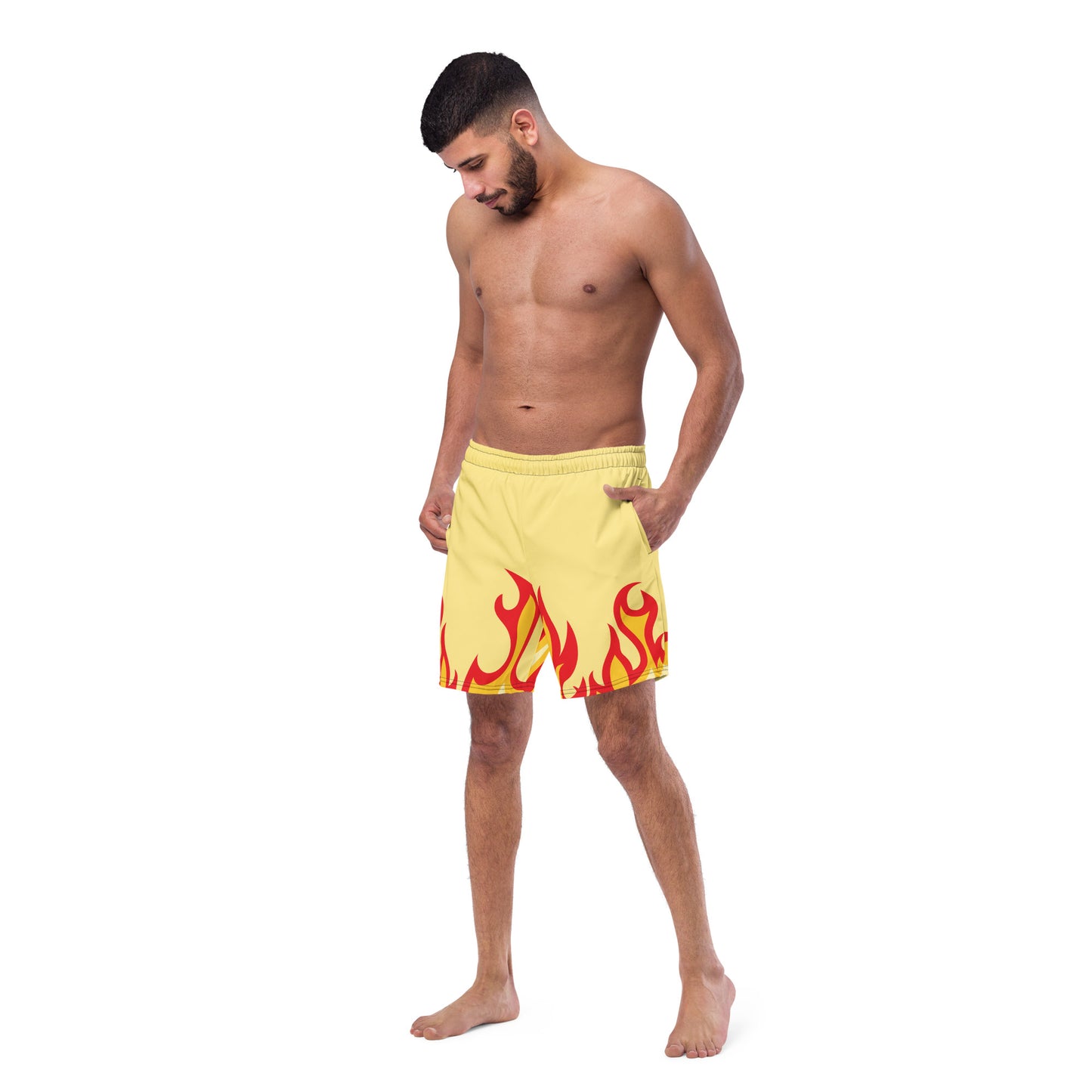 Men with yellow swim trunk with print of red flames