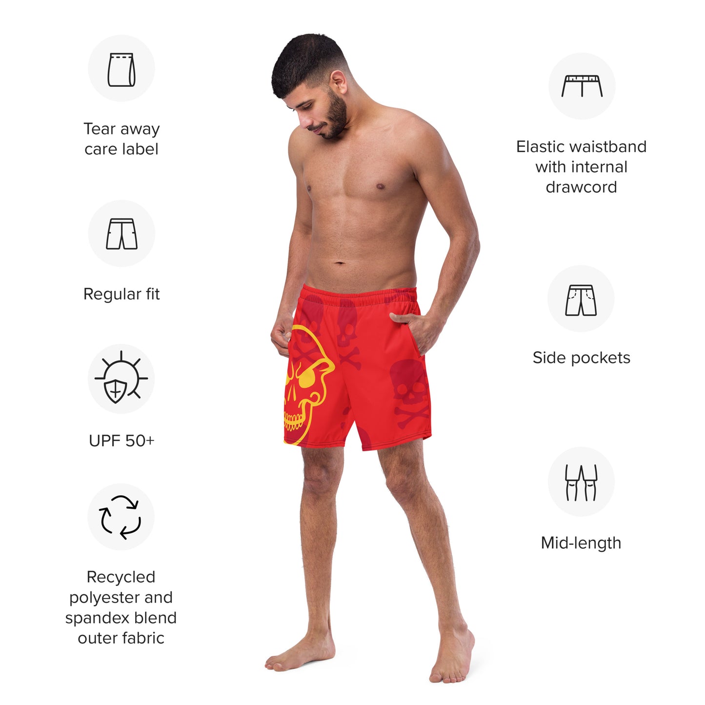 Men with red swim trunk with a print of a yellow skull