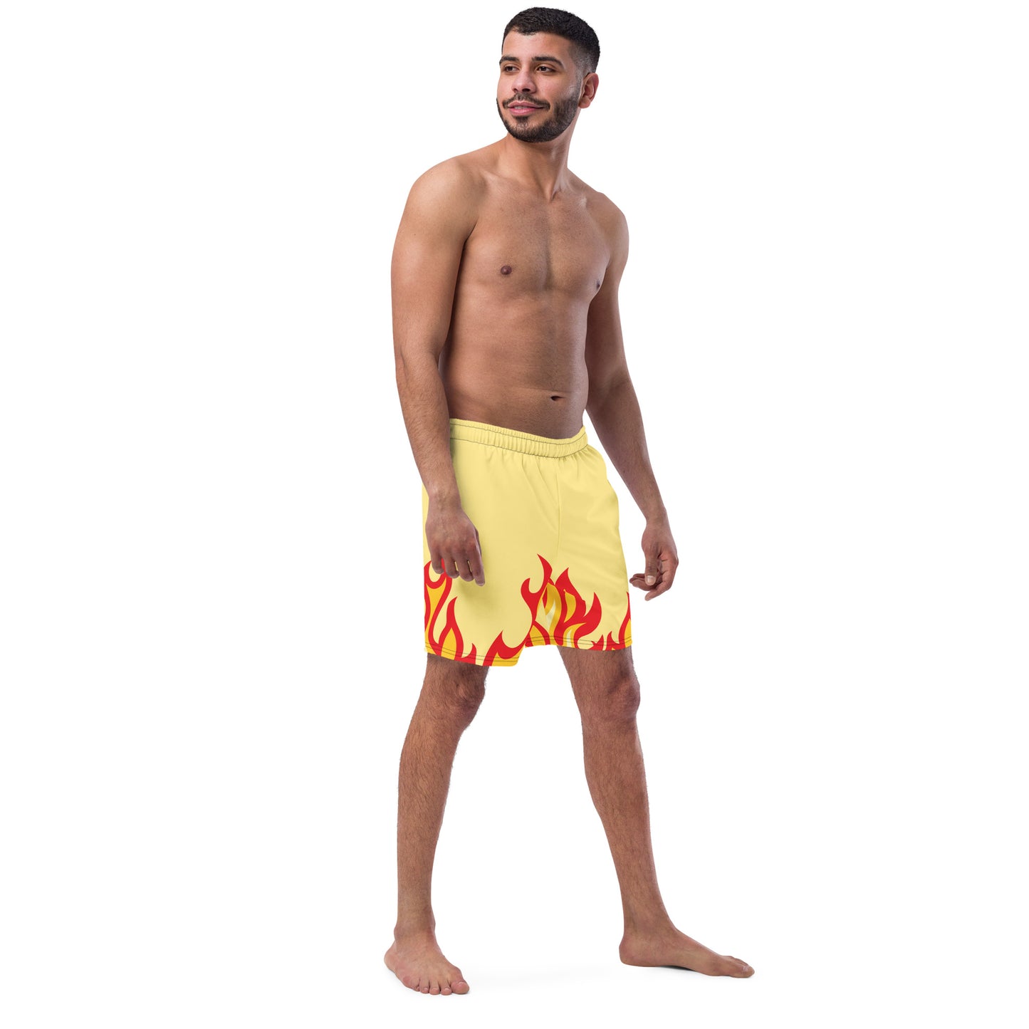 Men with yellow swim trunk with print of red flames