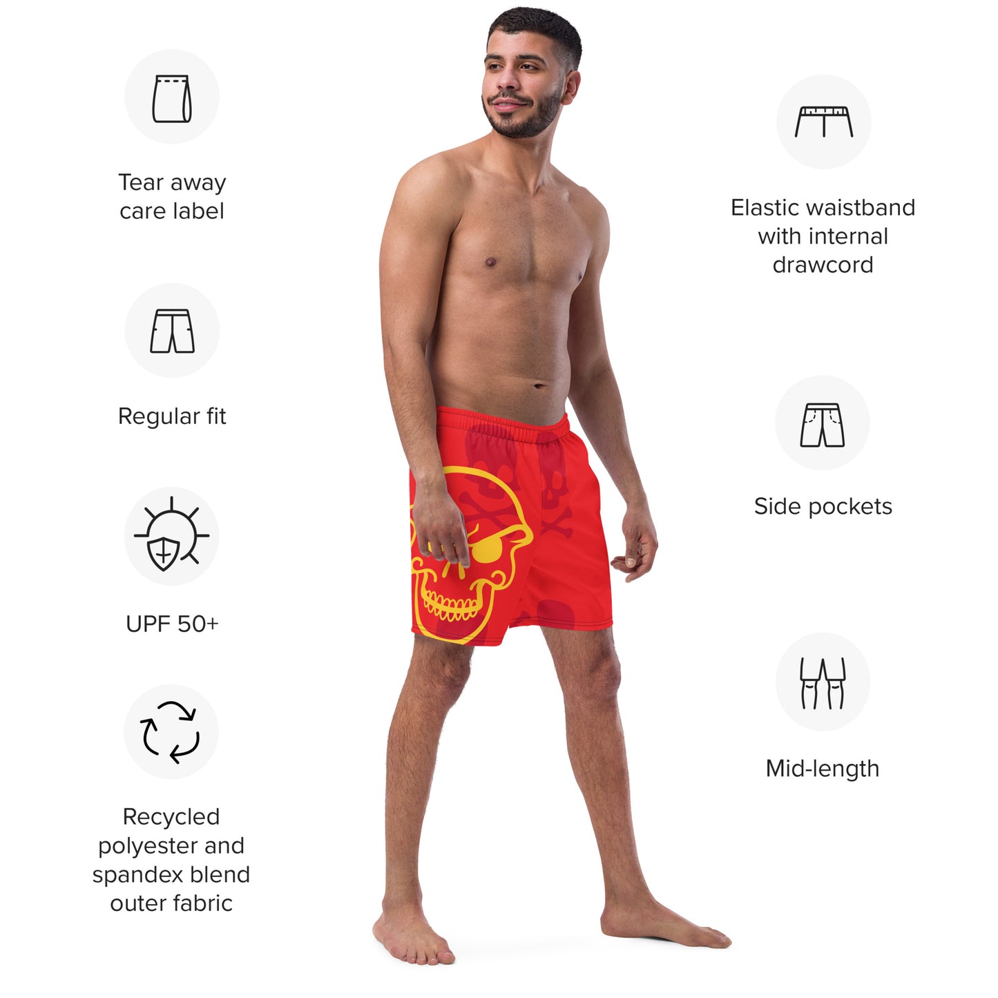 Men with red swim trunk with a print of a yellow skull