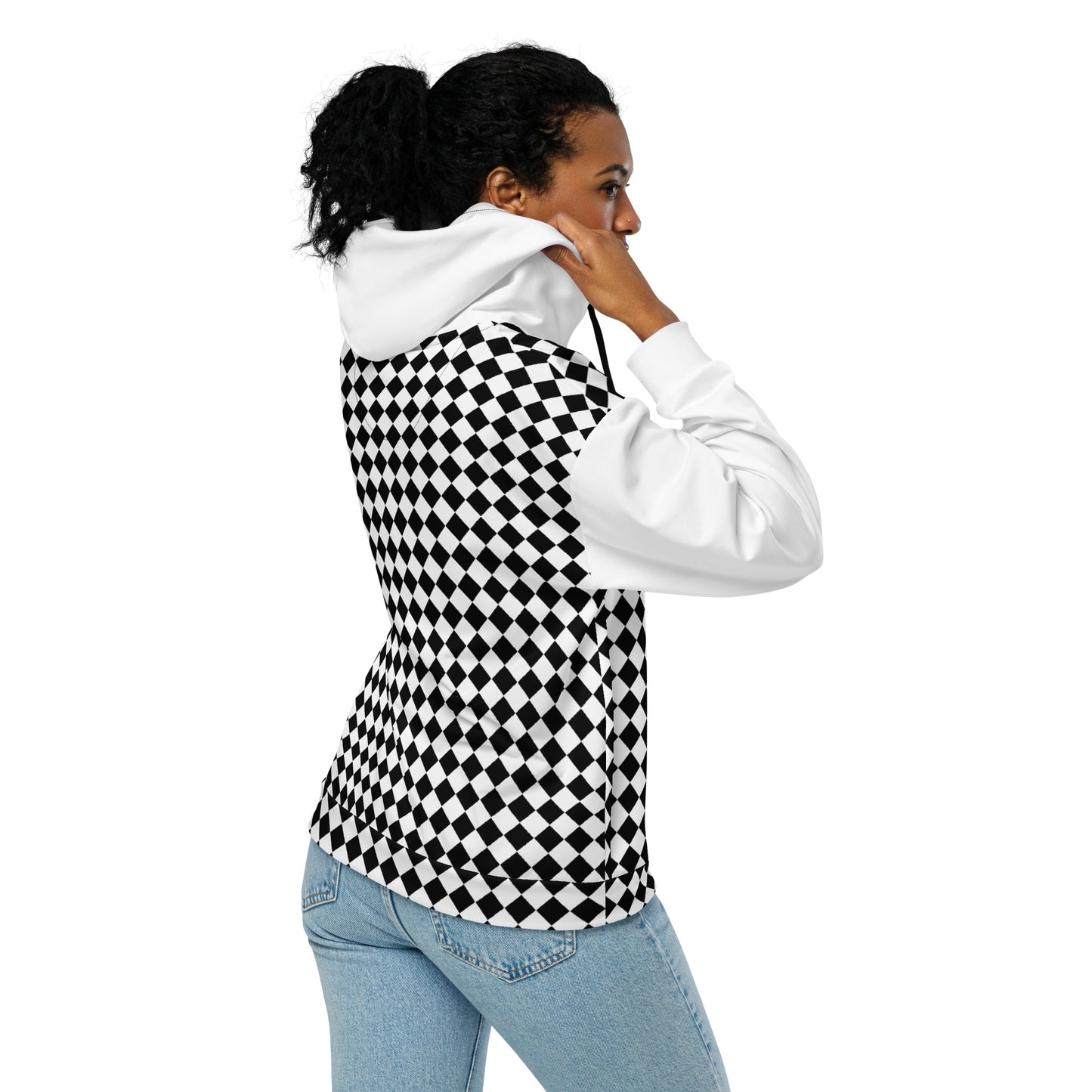 Woman with a white zip hoodie with the picture of a Chessboard