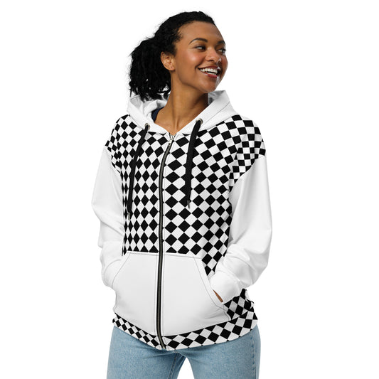 Woman with a white zip hoodie with the picture of a Chessboard