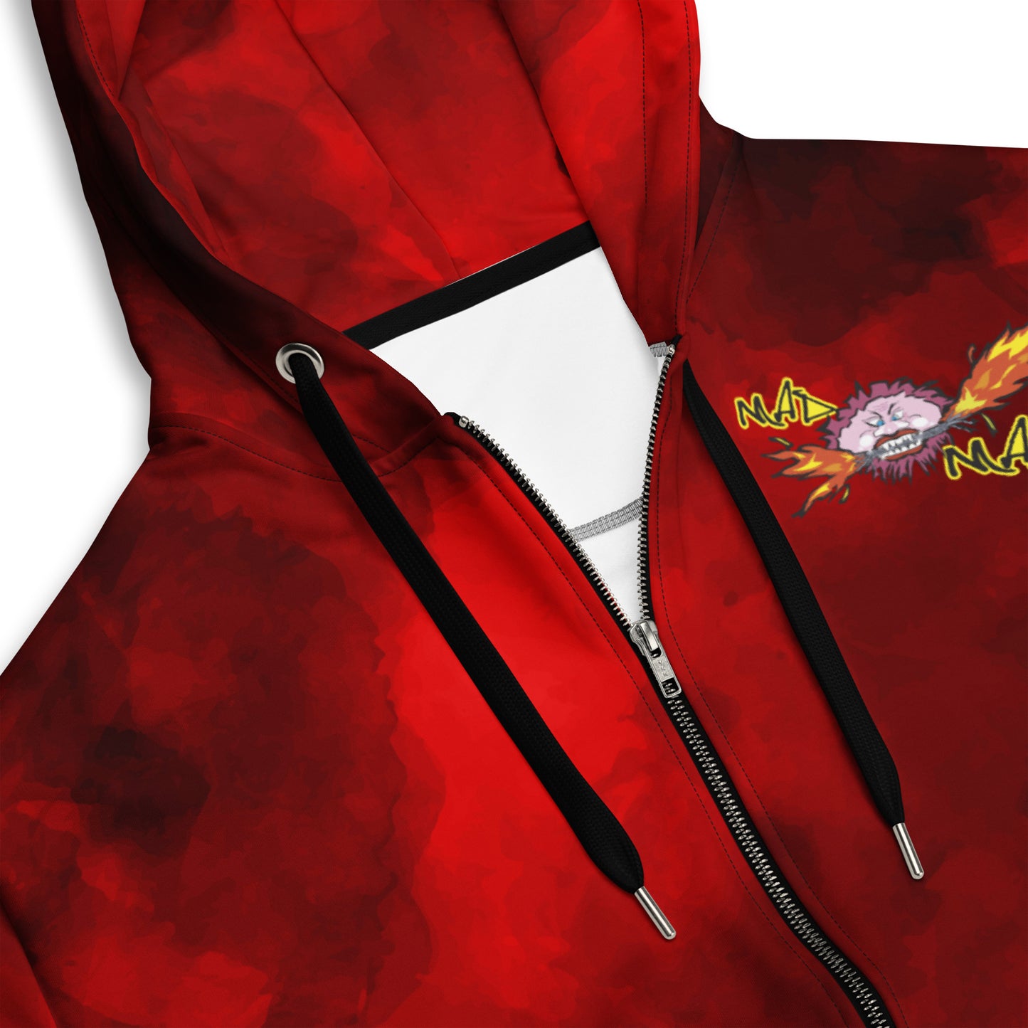 Red Zip hoodie with Max Mad logo